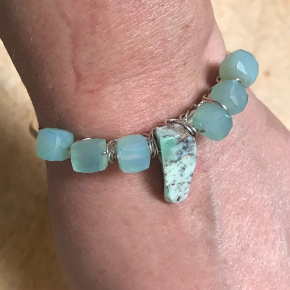 Chalcedony Chrysoprase Sterling Silver 925 Cuff Bracelet Handmade Rustic Reiki